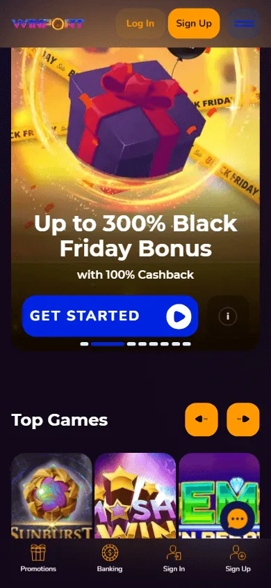 Winport Casino games lobby on a mobile device